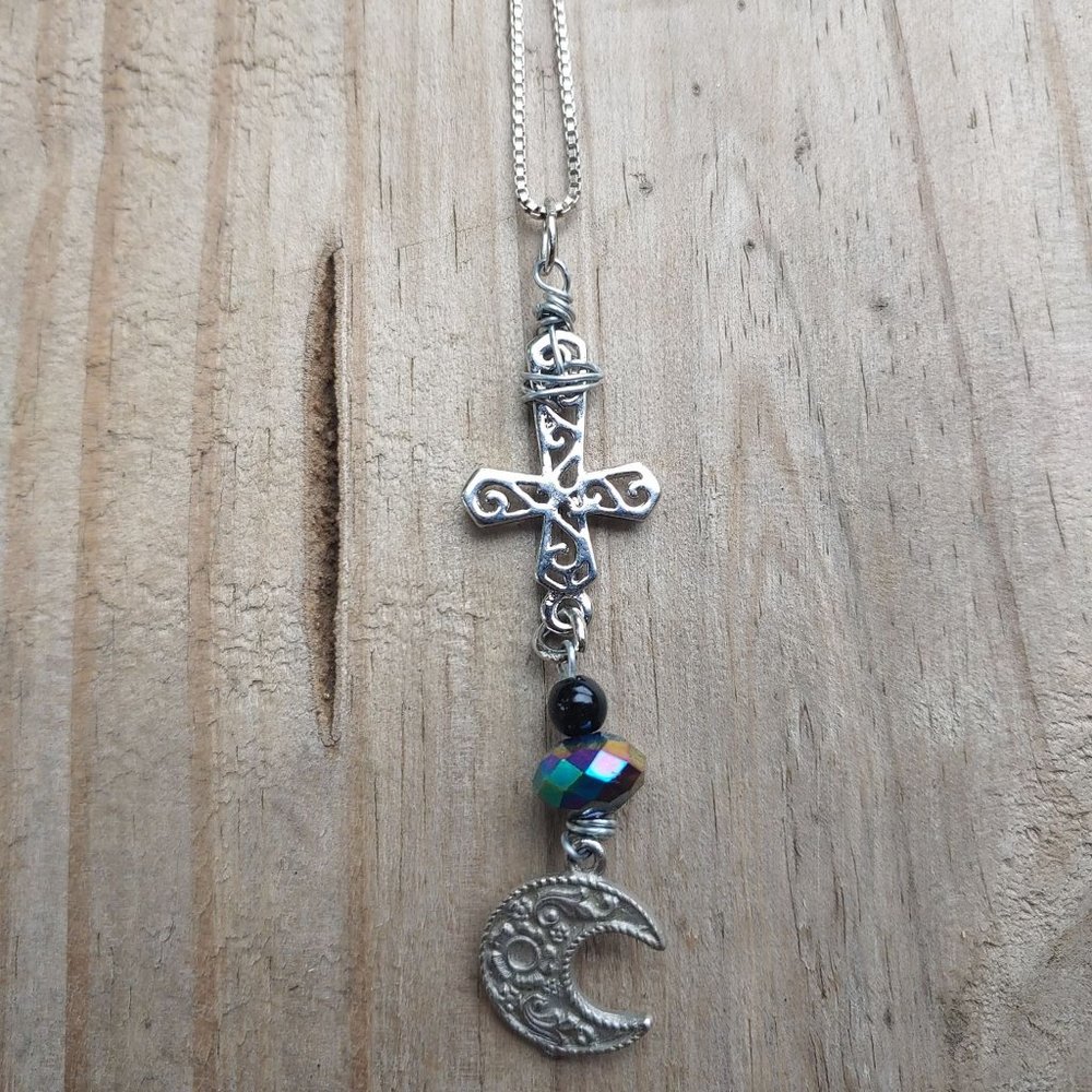 Occult upside down cross with moon Necklace